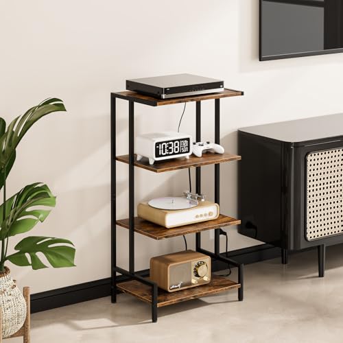 Arbuxzuy 4-Tier AV Media Stand with Power Outlet and LED Lights,Wooden Stereo Stand Cabinet,Game Console Shelf for Small Space,Audio Rack Stand Tower Ideal for Video DVD Players,Xbox - color: Rustic Brown