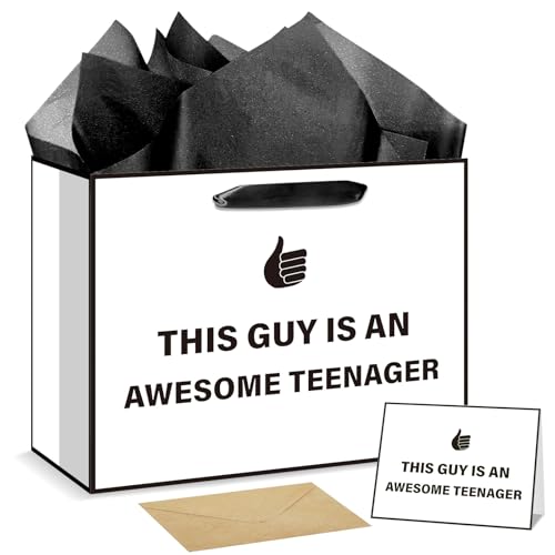 bigniuzi Funny Teenager Birthday Gift Bag with Tissue Paper Greeting Card Teenager Wrapping Paper, Birthday Gifts for 13 14 15 16 17 18 Years Old Boy