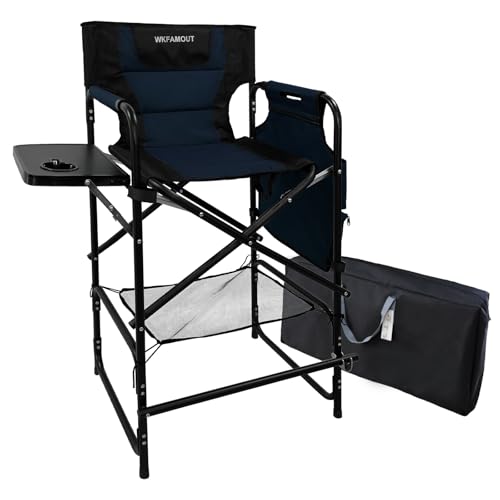 Tall Folding Directors Chair with Side Table 30.71" Seat Height Foldable Camping Chair Bar Stool for Makeup Artist Face Painting with Footrest and Storage Pocket Supports 350LBS - color: Navy, size: 30.71" Seat Height