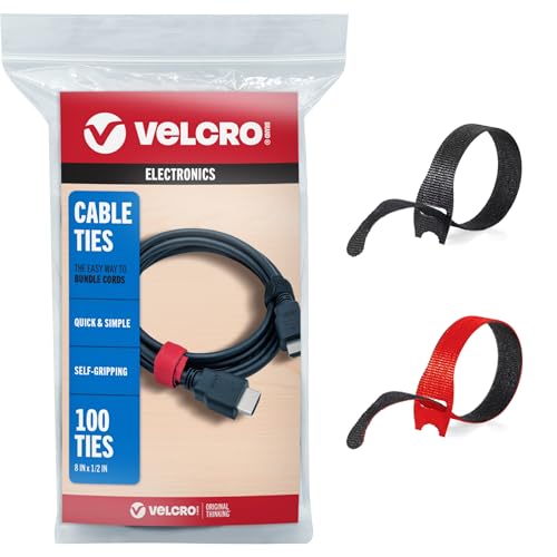 VELCRO Brand Cable Ties, 100Pk - 8 x 1/2" Red and Black, Reusable Alternative to Zip Ties, ONE-WRAP Thin Pre-Cut Cord Organization Straps, Wire Management for Office or Home, VEL-30200-AMS, Black/Red - color: Red and Black, size: 8In x 1/2In, style: Cable