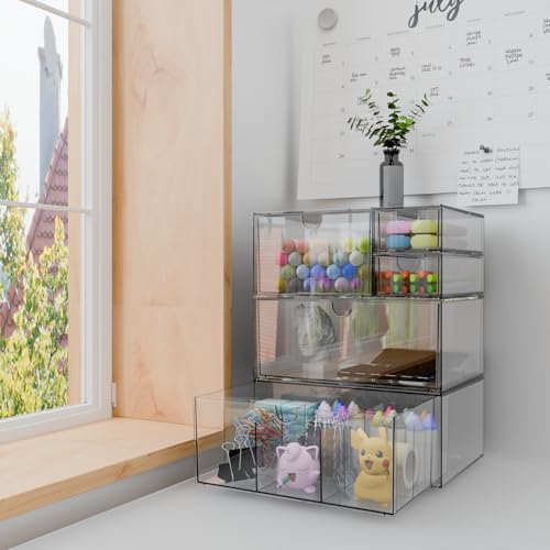 Desk Organizer Set, Clear Stackable Dustproof Storage Boxes for Desktop, Office, DIY Craft & Vertical Space Saving, Perfect for Makeup, Stationery, Jewelry Organization (5 Drawer) - size: 5 drawer clear