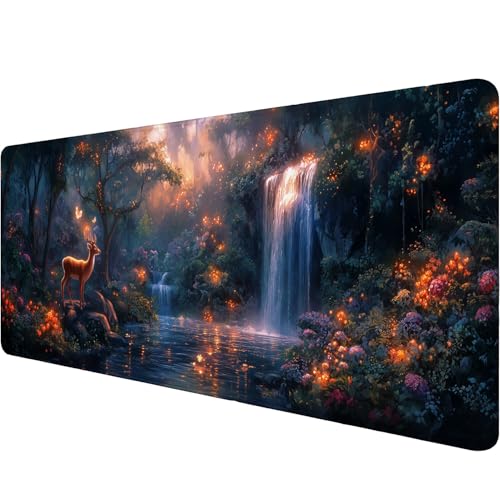 Deer Desk Mat Gaming Mouse Pad 31.5 x 11.8 Inch Nature Forest Waterfall Dreamy Landscape Mousepad XL Large Gaming Mouse Pad Laptop Keyboard Mat Desk Pad Office Computer Keyboard Laptop Home - color: Deer, size: 11.8W x 31.5L inches