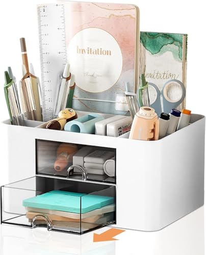 Stationary Organiser 7-Grid Desk Organizer with Drawer – Multifunctional Plastic Table Organizer & Pen Holder for School, Office, and Home (White) - color: White