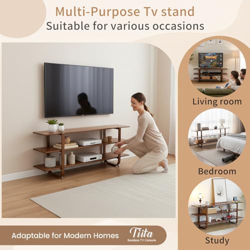 Tiita Wooden TV Stand for 65 Inch TV, Modern Media Console Table with 3-Tier Storage Shelves, Long Entertainment Center for Living Room, Walnut TV Stand with Open Display Rack - color: Walnut With 3 Layers