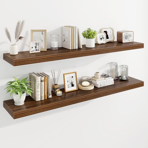 Marsmiles 55" Floating Shelves for Wall, Wooden Shelves with Invisible Brackets Set of 2, Rustic Farmhouse Wall Mounted Shelf for Kitchen Bathroom Living Room Study, Walnut - color: Walnut, size: 55"