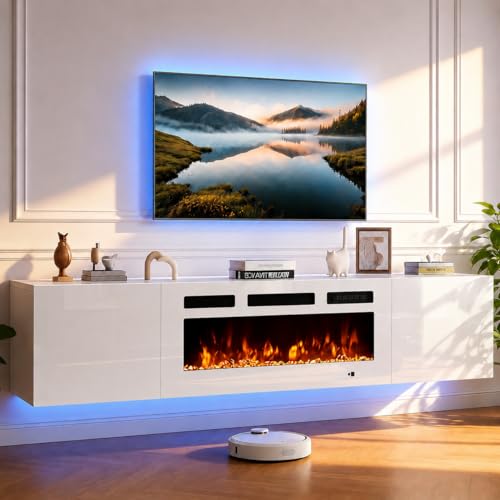 80'' Floating TV Stand with 40" Electric Fireplace, Wall Mounted Entertainment Center with Storage for TVs up to 90", Adjustable 12-Color LED Lights Media TV Console for Living Room - color: All White, size: 80 IN