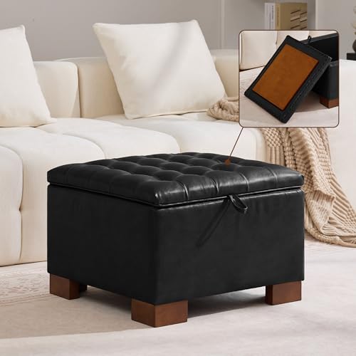 WUTUTUEE 24" Faux Leather Square Storage Ottoman with Wooden Tray, Modern Tufted Button Footstool Coffee Table, Upholstered Small Ottoman for Living Room, Bedroom, Black - color: Black-pu, size: 24 Inch