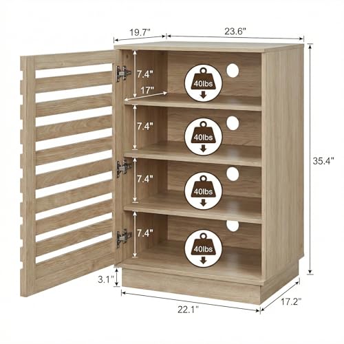holzart Modern Slatted Wood Audio Component Cabinet, 4-Tier Stereo Equipment Rack Media Stand with Ventilated Door & Cable Management, Oak Finish 35.4" Tall