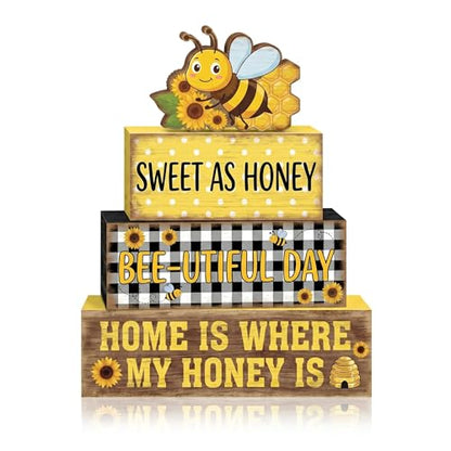 4 Pcs Bumble Bee Tiered Tray Decor Bee Sunflower Wooden Signs Yellow Farmhouse Shelf Sitters Spring Summer Table Centerpiece Honey Theme Decorations For Kitchen Living Room - style: Bee