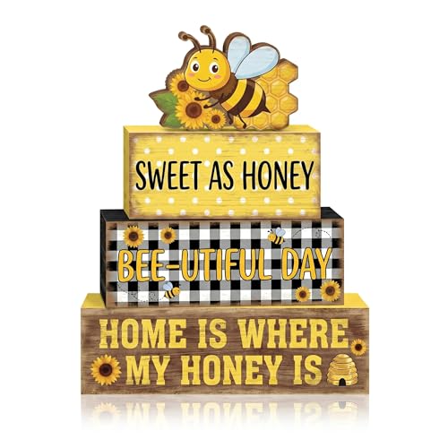 4 Pcs Bumble Bee Tiered Tray Decor Bee Sunflower Wooden Signs Yellow Farmhouse Shelf Sitters Spring Summer Table Centerpiece Honey Theme Decorations For Kitchen Living Room - style: Bee