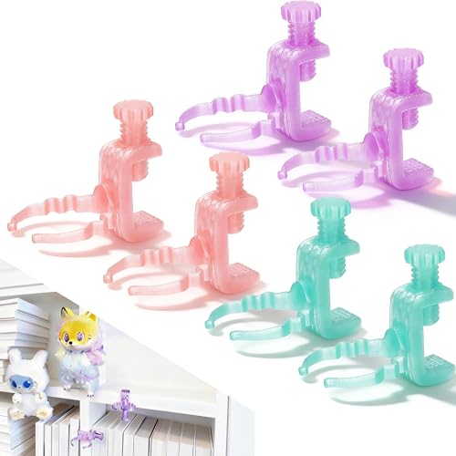 Doll Stand for Cabinet Edge 4Pack | Neck grip design fits 3-7" Labubu blind box figures, adjustable clamp suits panels 0.3-1.02" thick - color: PINK&PURPLE&TEAL