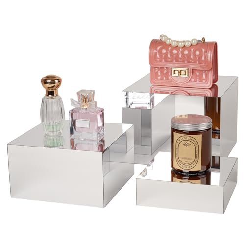 3 Pcs Silver Acrylic Risers Display Stands, Mirrored Nesting Cube Boxes Pedestal for Figures Collectible Jewelry Purse, Stackable Showcase Blocks, Food Display Buffet Risers for Dessert Cakes Catering - size: Silver 3pcs (6",7",8")