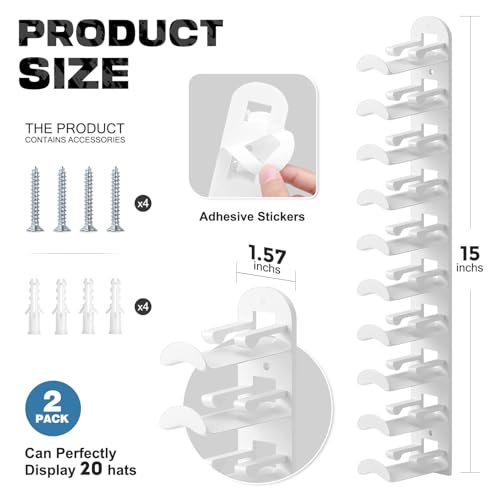 Hat Hook for Wall, 2 Pack Hat Organizer Hold up to 20 Hats,Hat Holder with Strong Adhesive and 8 Pack Screws, Cap Holder Hat Hangers for Wall Closet Door and Bedroom(B-white) - color: B-white