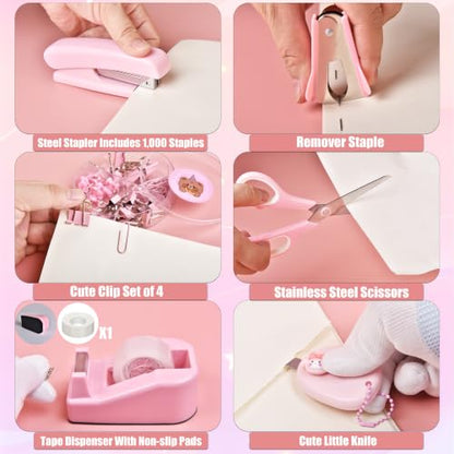 Pink Desk Accessories, 24Pcs Pink Office Supplies and Desk Organizers, with Tape Dispenser, Stapler, Staple Remover, Ect, Gift Box Packaging - color: Pink