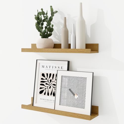 RICHFOCUS Picture Ledge Shelf, 16 inch Floating Shelves Set of 2, Wood Wall Shelves with Lip, Wall Decor Storage for Bedroom Living Room Bathroom Kitchen Nursery Photo Picture, Oak - color: Oak, size: 16 Inch, set of 2