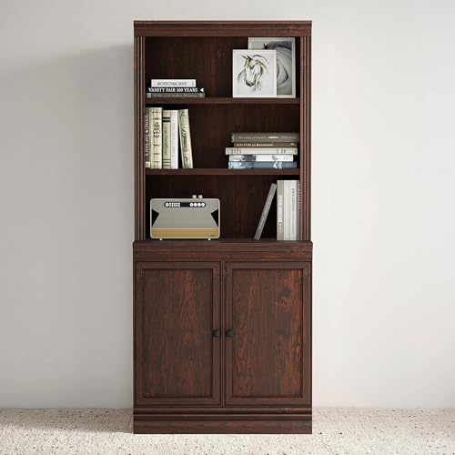 JAHRSTIM Halston Bookcase with Doors, 5-Tier Tall Deep Storage Shelf, Adjustable Shelving Unit Closet Organizer and Storage for Living Room Home Office Bedroom, Modular Deep Bookcase with Doors - color: Dark Cherry, size: Multi-Depth w/Doors