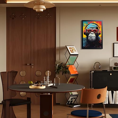 Framed Cool Monkey Wall Art, With Headphones and Sunglasses Chimp Wall Decor, Colorful Graffiti Canvas Print Poster, Cool Animal Oil Painting for Boys Bedroom Gaming Room Home Decor 12x16 Inch - color: B-Chimpanzees, size: 16"L x 12"W