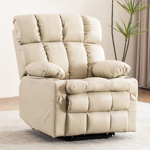 Power Dual Motor Lift Recliner Chair with Massage & Heat Adjustable Headrest, Reclining Home Theater Seating, Single Sofa with USB/Type C/Cup Holders/Side Pocket (Beige, 1 Seat) - color: Beige, size: 1 Seat