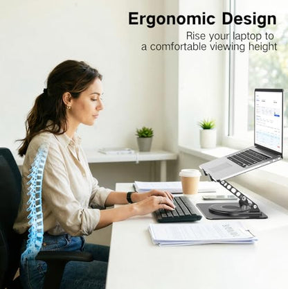 Adjustable Laptop Stand for Desk with 360 Rotating Base, Metal Foldable Laptop Riser Holder, Portable Desktop Book Stands, Ventilated Cooling Computer Notebook Stand Compatible with 10-15.6” Laptops - color: Dark Black-360°
