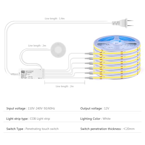 12V COB LED Strip Lights Kit,3.3Ft 6-in-1 Self-Adhesive LED Under Cabinet Lighting with 36W Adapter Dimmable Touch Switch for Acoustic Panel, Display Cabinets, Wardrobes,Cabinets, Showcase Lighting - color: White, size: 3.3Ft