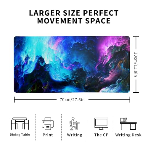Dazzling Galaxy Gaming Mouse Pad 27.6x11.8 Inch Blue Purple Galaxy Nebula Universe Space Large Mousepad Non-Slip Rubber Base Stitched Edges Keyboard Mouse Mat Desk Pad for Office Home and Game - color: Galaxy