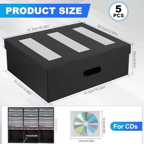 AOBOPLE CD Storage Boxes,5 Pack Stackable CD Organizer Box with Lid,3-Compartment CD Case Holder with Clear Window,Totol Holds 450 Jewel Cases,16.22 x 12.48 x 5.91 inches Cardboard Media Storage - style: 5 Pack 3 Compartment