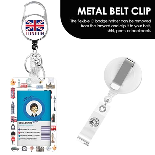 Lanyards for ID Badge, London ID Badge Holder with Retractable Reel Clip and Keychain, Vertical Heavy Duty Identity Card Cover Case Protector, Lanyard with Id Holder for Teacher Nurse - color: London-white