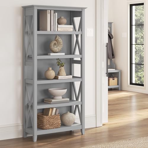 Bush Home Tall 5 Shelf Bookcase for Living Room or Home Office, Large Bookshelf, Modern Farmhouse Style, Key West Collection, Cape Cod Gray - color: Cape Cod Gray, size: 5 Shelf