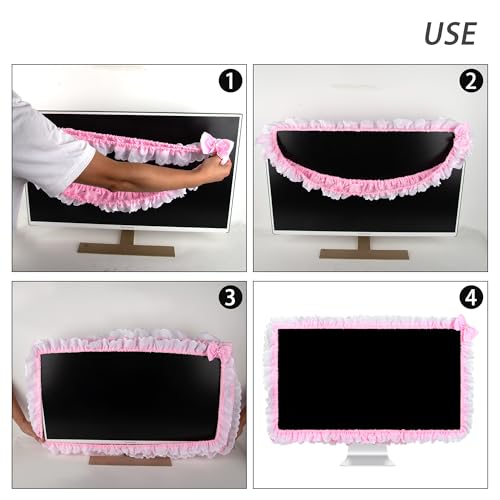 Cute Pink Lace 32"-38" Computer Monitor Screen Dust Cover with Bowknot | Lovely Pink Bow | Lace Trim | Adjustable Elastic Band - color: Pink & White Point