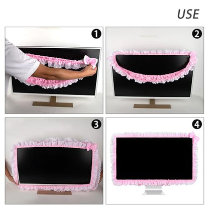 Cute Pink Lace 32"-38" Computer Monitor Screen Dust Cover with Bowknot | Lovely Pink Bow | Lace Trim | Adjustable Elastic Band - color: Pink & White Point