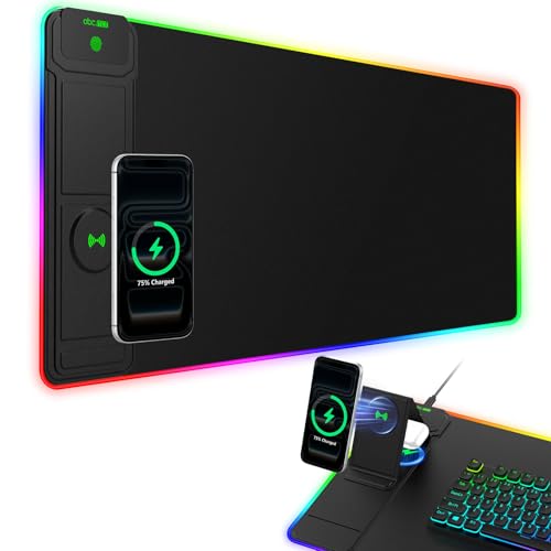 XXL RGB LED Gaming Mouse Pad with Magnetic Wireless Charger & Foldable Phone Holder, 31.5"x11.8" Extended Ultra-Smooth Desk Mat, 25 Lighting Effects, Non-Slip Base - color: RGB-31.5"x11.8"-Magnetic Stand-Left