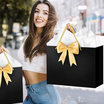 Hooqict Gift Bag Black Birthday Gift Bags with Handles, 1 Ribbon, 4 Tissue Paper, 2 Greeting Cards for Men Women Birthday Presents Wedding Retirement Christmas Gifts Fathers Day - color: Black