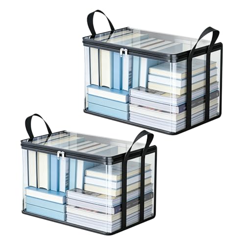 2-Pack Large Clear Book Storage Bags - Waterproof Plastic Comic Book Bin with Carrying Handles - Portable Book Display Case & Closet Organizer for Used Books, DVDs and Magazines - 15" x 9.5" x 12.5" - color: Black, size: 2-Pack