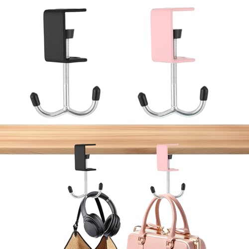 2 Pack Heavy Duty Purse Hooks for Hanging Bags Adjustable Table Hooks Steel Under Desk Purse Bag Holder Clamp-On Backpack Hooks for Handbag Umbrellas Office Table Accessories