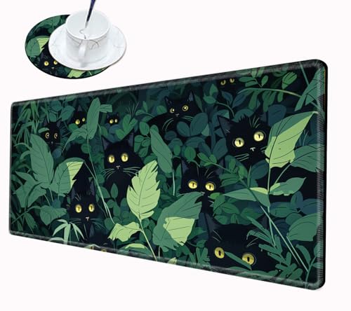 Grass Black Cat Mouse Pad Gaming Desk Mat 24x12 Mousepad XL Desk Pad Long Computer Mat Large Mouse Pads for Wireless Mouse Office Work Women - color: Grass Cat, size: 24''X12''