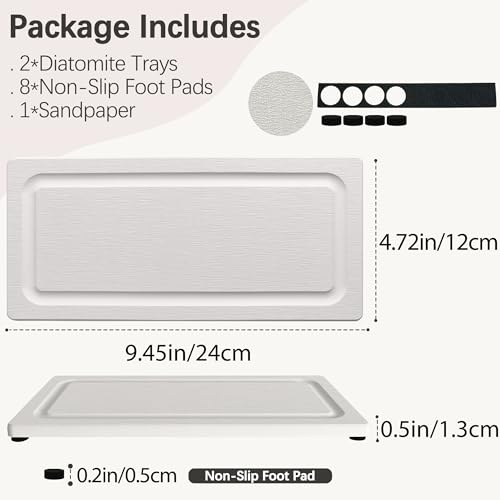 2 PCS Fast-Drying Stone Trays for Bathroom Sink & Kitchen Counter, Water Absorbing Diatomite Sink Coasters, Vanity Tray, Hand Soap Holder with Anti-Skid Pads (9.5" x 4.7" White) - color: 9.5" X 4.7" White