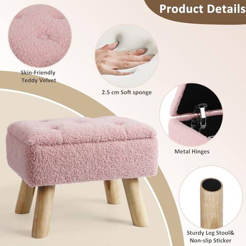 OGEMXU Storage Ottoman, Small Foot Stool Ottoman with Storage, Boucle Teddy Velvet Foot Rest with Padded Seat, Sturdy Wood Legs Stool for Living Room, Bedroom, Couch, Enterway (Pink) - color: Pink