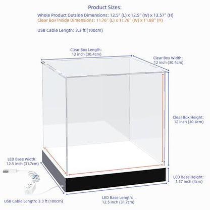 Light Up Acrylic Display Case with RGBW LED Lights, USB Powered with Switch Panel & App Control, Clear Collectible Display Box for Full Size Basketball, Collectables & Trophy, 12x12x12 Inch - size: 12''(L) x 12''(W) x 12''(H)