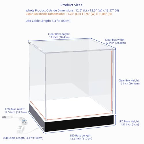 Light Up Acrylic Display Case with RGBW LED Lights, USB Powered with Switch Panel & App Control, Clear Collectible Display Box for Full Size Basketball, Collectables & Trophy, 12x12x12 Inch - size: 12''(L) x 12''(W) x 12''(H)