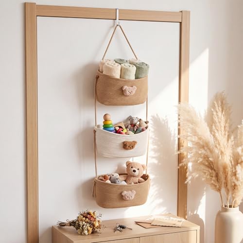 FoldTier Over the Door Hanging Basket 3 Tier Wall Mounted Organizer Bag with Bear Decoration Woven Cotton Boho Storage Hanging Nursery Baskets with Hooks for Nursery Living Room Bedroom Kitchen