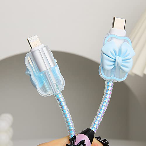 Compatible with iPhone 18W/20W USB-C Charger Cover Cute 3D Bow Tie Design Clear Soft Charger Protector Kawaii Cable Saver for iPhone 11 12 13 14 Pro Max Fast Power Adapter, Blue 2 (5in1) - color: Blue 2 (5 in 1)