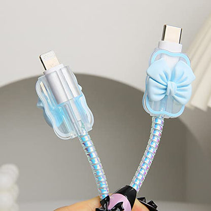 Compatible with iPhone 18W/20W USB-C Charger Cover Cute 3D Bow Tie Design Clear Soft Charger Protector Kawaii Cable Saver for iPhone 11 12 13 14 Pro Max Fast Power Adapter, Blue 2 (5in1) - color: Blue 2 (5 in 1)