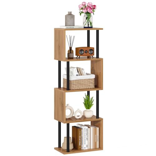 IBUYKE 5-Tier Tall Bookshelf,S-Shaped Geometric Bookcase, Wood Display Shelves with Storage,Modern Bookshelf for Living Room Bedroom, Home Office,Oak WBC015K - color: Oak, size: 5 Tier