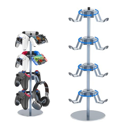 4-Tier 360°Rotating Controller Stand for PS5/Xbox/Switch/PS4 | Aluminum Game Controller Heaset Holder for Desk, 12 Hangers to Place, Spinning Controller Organizer Rack, Grey - color: Grey