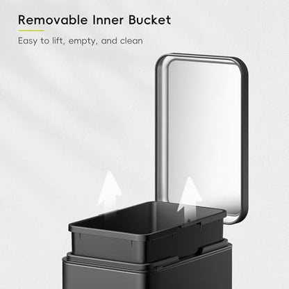 EKO Small Bathroom Trash Can with Lid Soft Close, Step Pedal, 10 Liter / 2.6 Gallon Stainless Steel Garbage Can with Removable Inner Bucket, Anti-Fingerprint Finish (Matte Black) - color: Matte Black, size: 10L