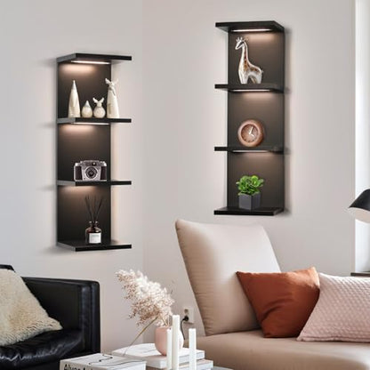 4 Tier LED Wall Shelf - Modern Floating Shelves for Makeup Vanity, Bedroom, Living Room | Easy Install Cosmetic & Display Lack Shelf, Black - color: 4l-black