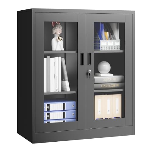 PEUKC Display Cabinet with Acrylic Doors, 35.4 Inches Metal Curio Storage Cabinet with 2 Adjustable Shelves, Locking Display Case for Home, Office, Clinic, Pantry, Assemble Required (Black) - color: Black, size: 35''H - 2 Doors
