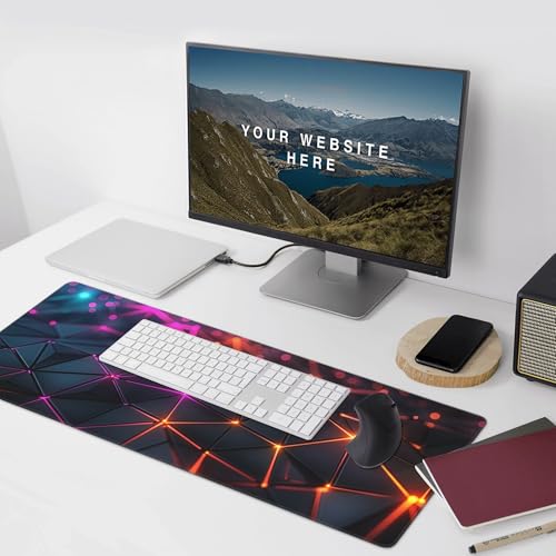 Extra Large Gaming Mouse Pad, Abstract Neon Geometric Design, Non-Slip Rubber Base, 35.4 x 15.7 Inches - color: Neon Geometric