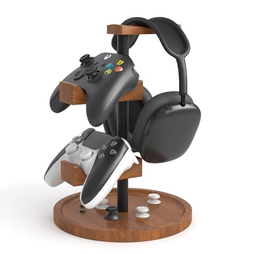 Headset Stand with Gaming Controller Holder,Dual Controller Organizer Rack, Solid Wood Headphone Stand with Storage Base, Gaming Equipment Accessories for Desk
