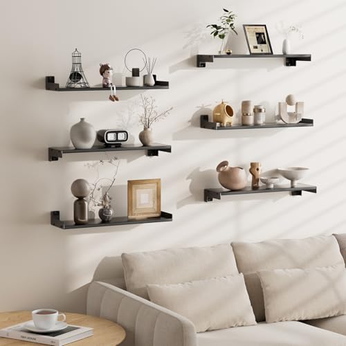 Floating Shelves for Wall, Shelves for Decor Storage Set of 6, Wall Mounted Wood Shelf for Bedroom, Living Room, Bathroom, Kitchen,Long Picture Ledge Shelves.(Black) - color: Black